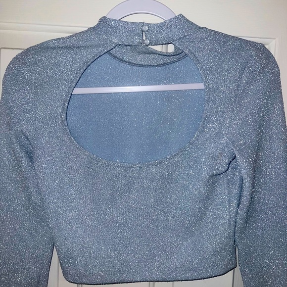 Sparkly Blue Long Sleeve Open Back Top - Picture 3 of 3